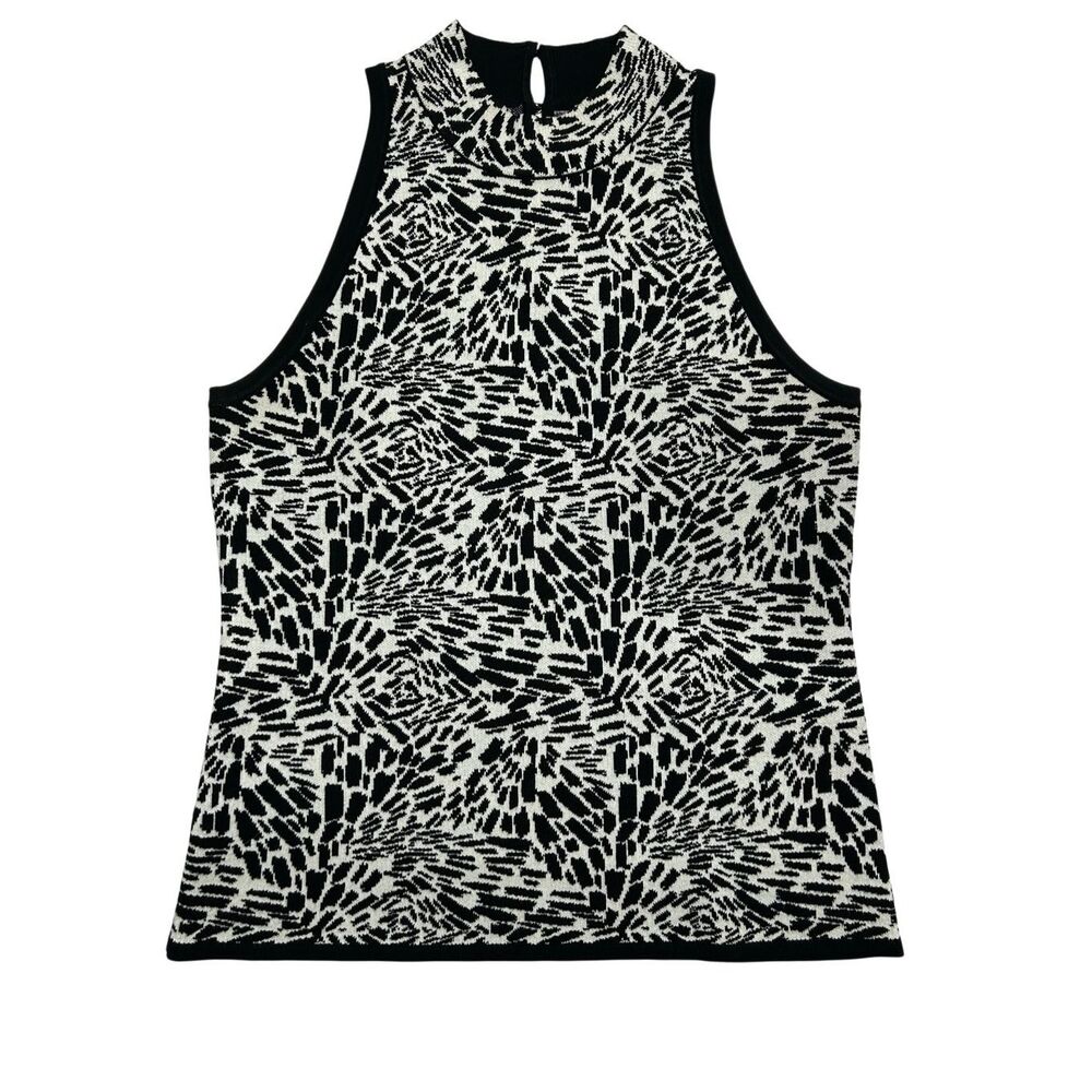 White House Black Market WHBM Sleeveless Knit Top L Abstract Print Mock Neck Key
